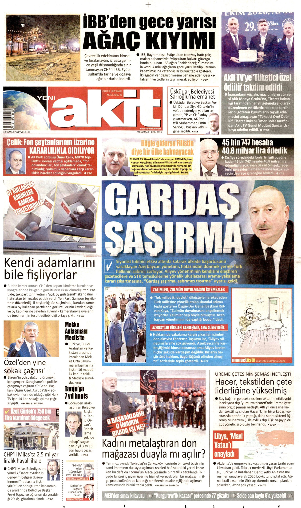 Yeni Akit Gazetesi gazetesi manşeti