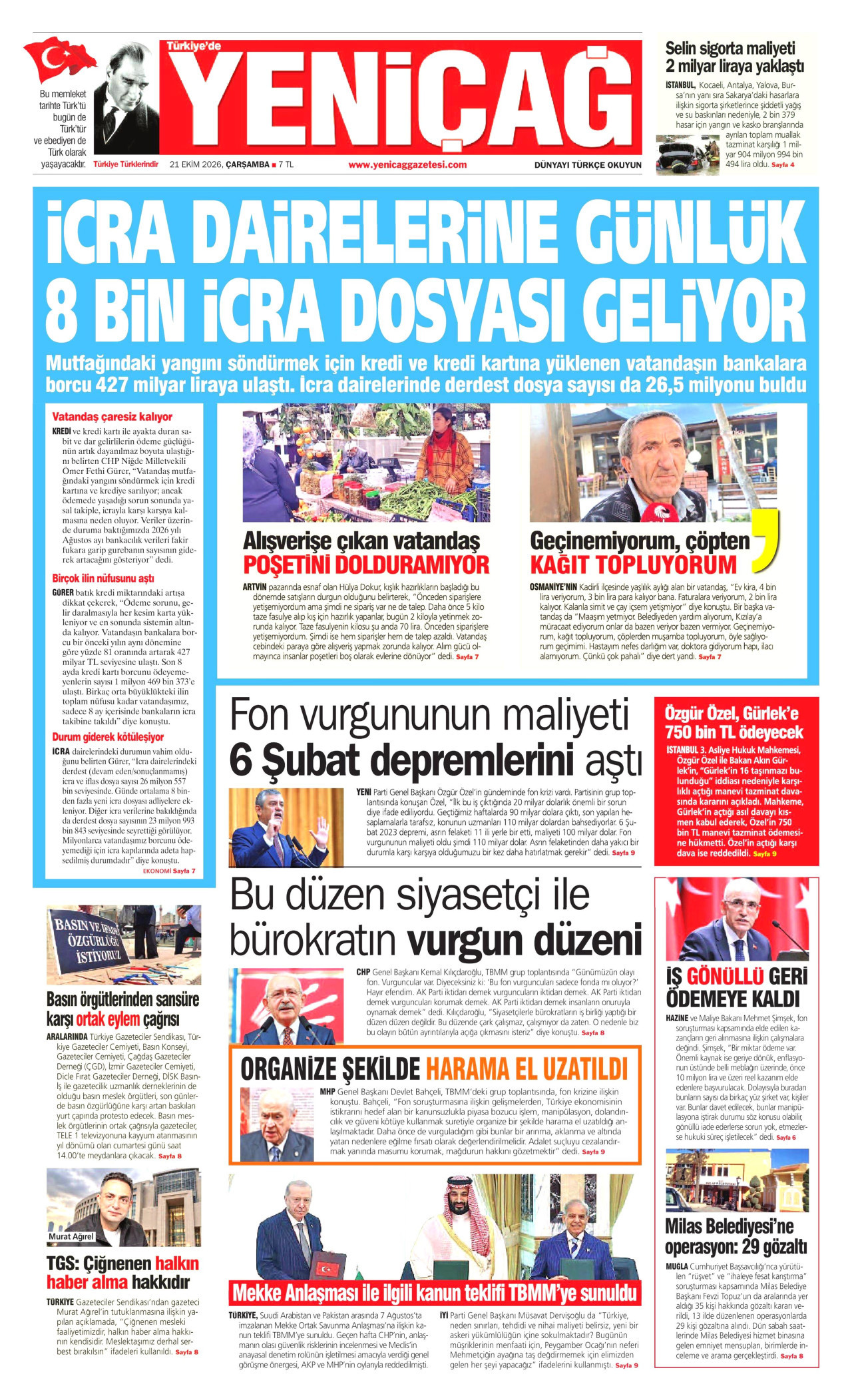 Yeniçağ Gazetesi gazetesi manşeti